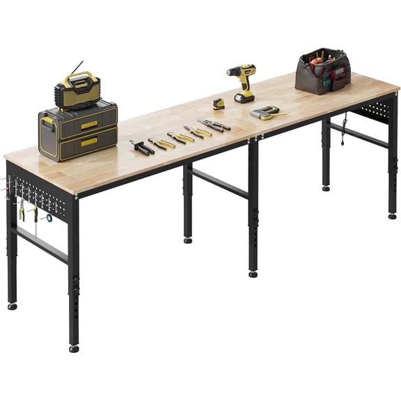 96" Adjustable Heavy Duty Workbench with Power Outlets & Pegboard, 2000 LBS Capacity Rubber Wood Top Work Table for Garage, Workshop, Home & Commercial