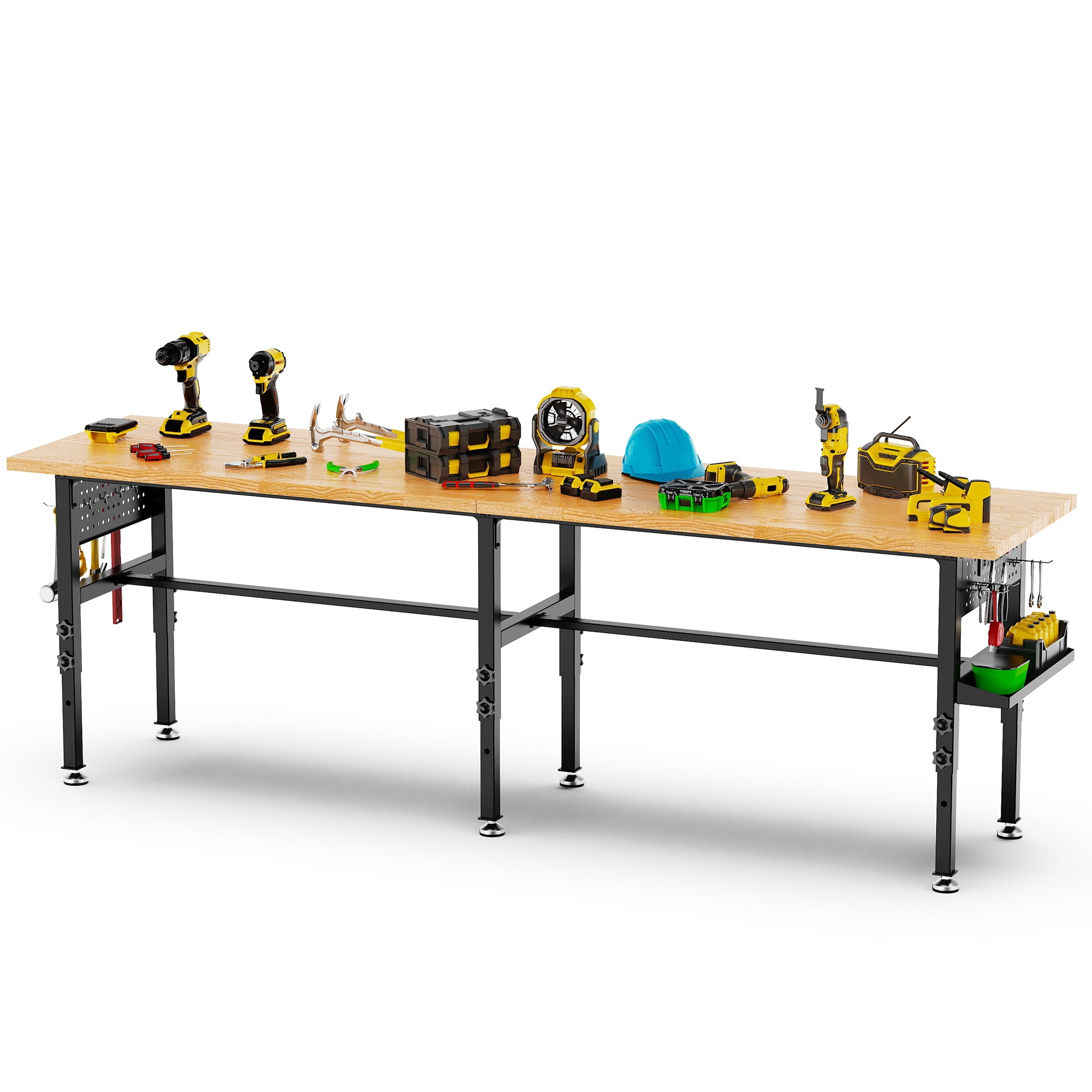 96" Adjustable Workbench with Side Pegboard, Solid Wood Top, 2000 lbs Capacity, Adjustable Height Garage Work Table with Power Outlet, Storage Box, Wheels or Leveling Feet