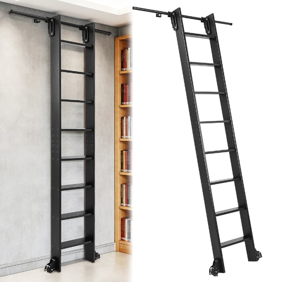 96" Black Sliding Library Ladder with 4FT Hook Track, Lightweight Aluminum Rolling Ladder with Braking Wheels, Space-Saving Rail Mounted Ladder System for Home Library