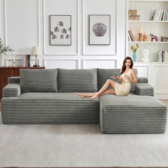 96" Boneless Cloud Couch with Chaise, Modular Sectional Sofa for Living Room, No Assembly Required, Deep Seat Corduroy Couch,Light Gray
