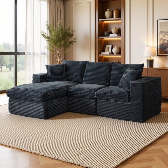 96" Boneless L-Shaped Sectional Sofa, Modular Corduroy Cloud Couch with Reversible Double-Layer Chaise, Deep Seat 3-Seater, No Assembly Required