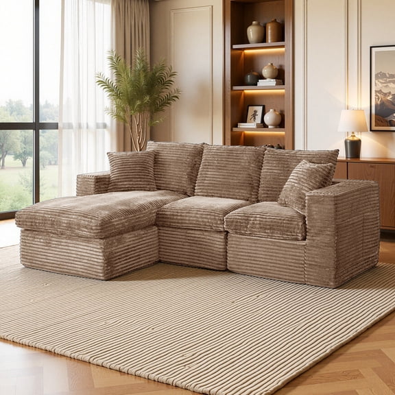 96" Boneless L-Shaped Sectional Sofa, Modular Corduroy Cloud Couch with Reversible Double-Layer Chaise, Deep Seat 3-Seater, No Assembly Required