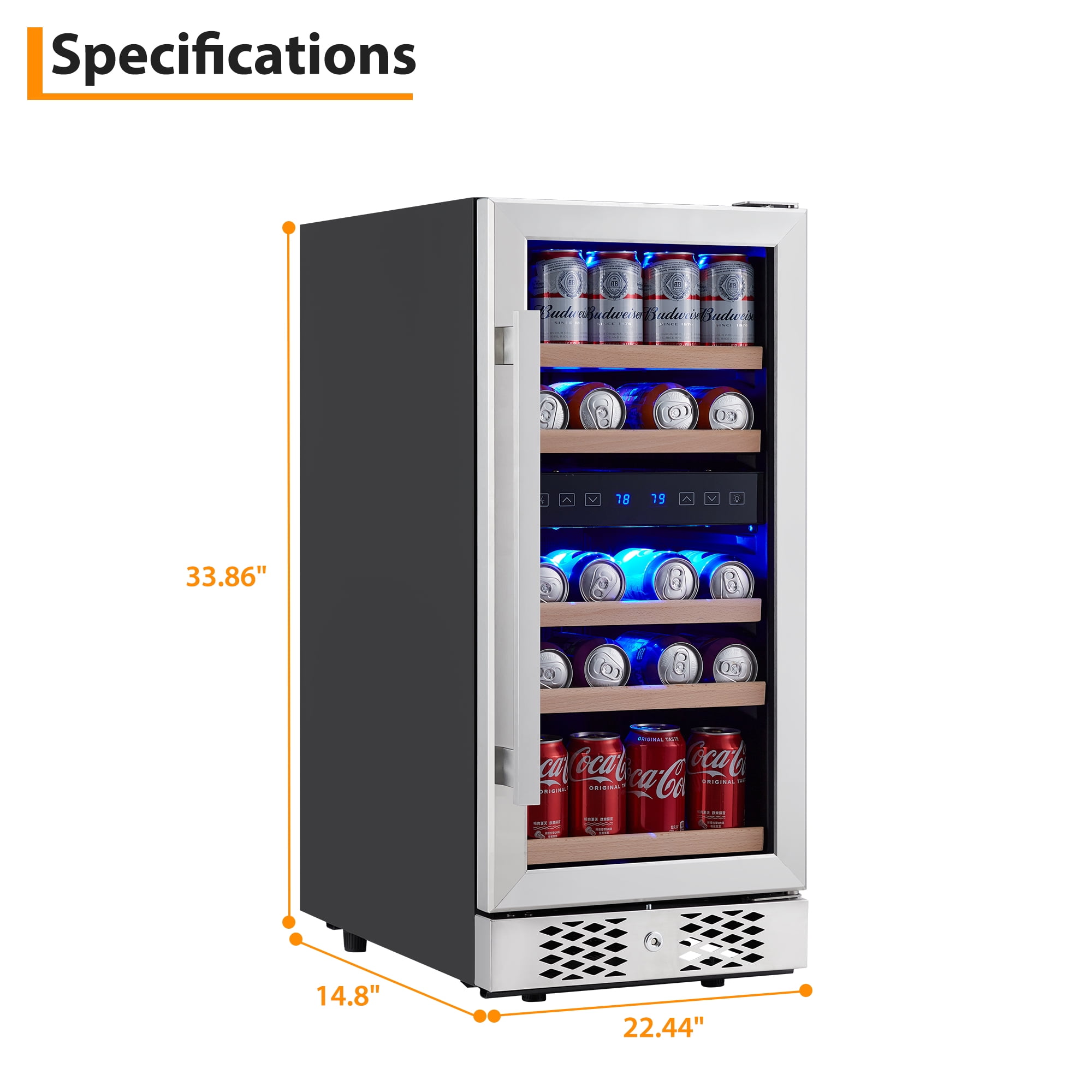 96 Cans Beverage Refrigerator, 15 Inch Built-In Lockable Mini Fridge with Tempered Glass Door, 38-66℉ Temperature Control, Freestanding Drink Cooler with Blue Led Light for Home