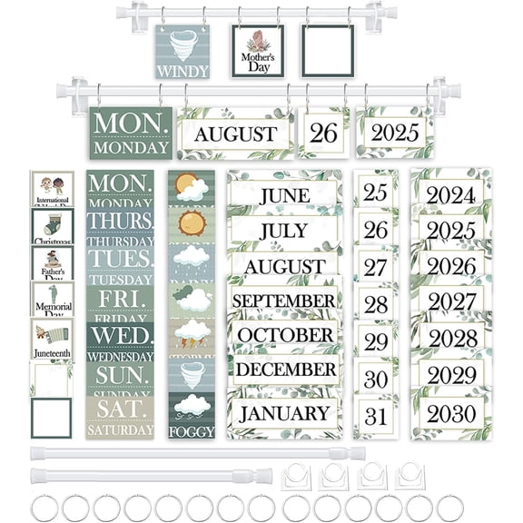 96 Cards Classroom Bulletin Board Decorations Set for Teachers,Flip Calendar with Holder for Classroom,Adjustable Calendar,Preschool Elementary Home Decor SuppliesGreenery