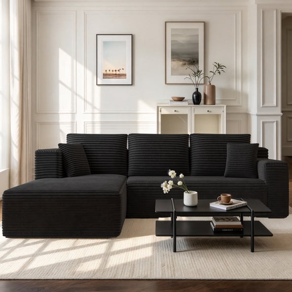 96" Cloud Sectional Couch, L-Shaped Corduroy Modular Sectional Sofa, No Assembly Required, Deep Seat Corner Sofa for Living Room Apartment, Black-L