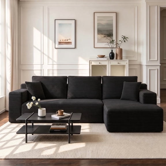 96" Cloud Sectional Couch, L-Shaped Corduroy Modular Sectional Sofa, No Assembly Required, Deep Seat Corner Sofa for Living Room Apartment, Black-R