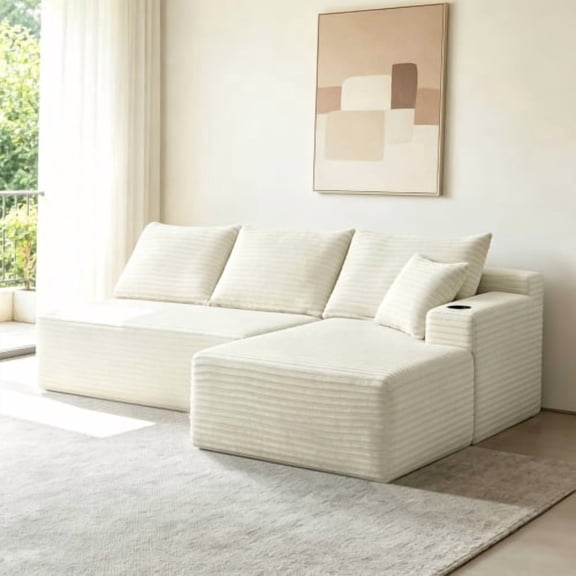 96" Cloud Sectional Couch with L-Shape Chaise, Modern Modular Sofa with Cup Holder, No Assembly for Living Room Bedroom, Beige