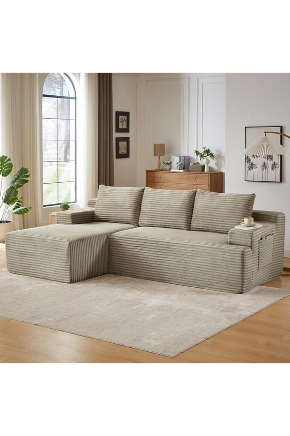 96" Cloud Sectional Sofa, Deep Seat Corduroy Couch for Living Room, No Assembly Required, Compressed Sofa with Sponge & Pocket Spring Support, Soft Cushioned Seating for Family Lounging