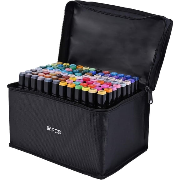 96 Color Marker Pen, Bright Permanent Markers For Coloring, Markers For Coloring Book, Wide Chisel And Fine Tip, Dual Tip Design Equipped with Black Suitcase