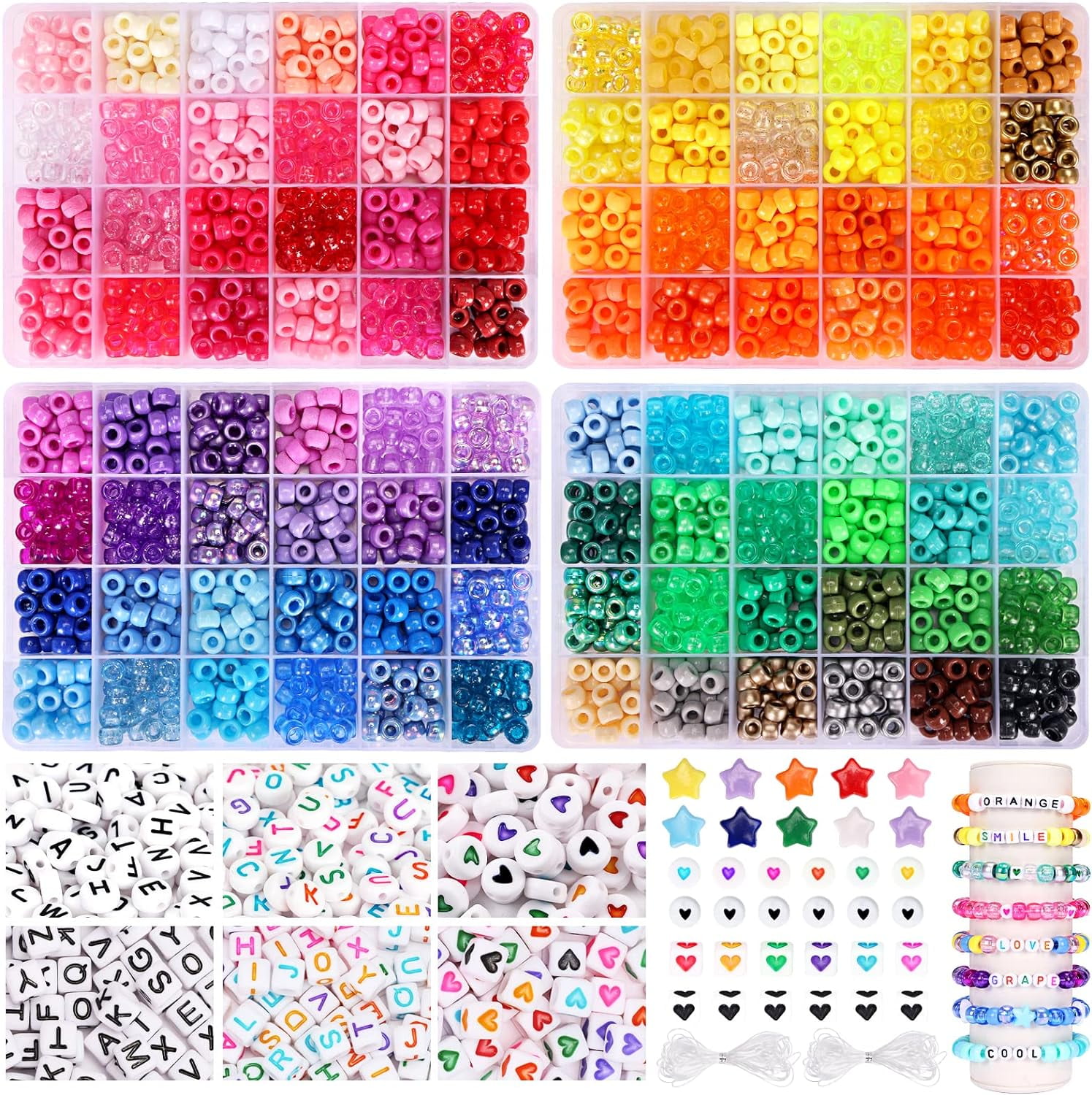96 Colors 3000pcs Pony Beads Bracelet Making Kit Friendship Bracelet Kit Rainbow Kandi Beads with Letter and Heart Beads Elastic Threads for Jewelry Necklace Making