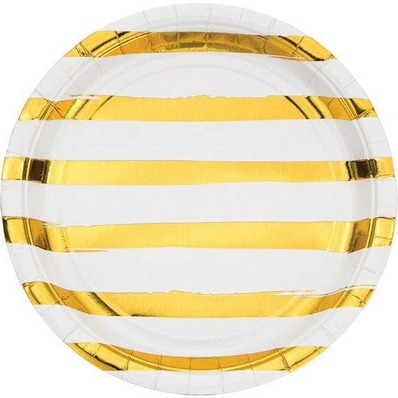 96 Count Bulk Pack White and Gold Foil Striped 8.75 inch Dinner Plates