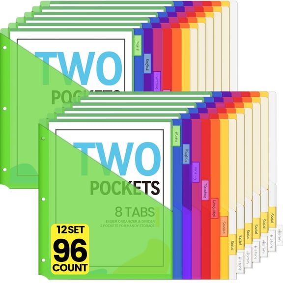 96 Count Dividers With Pockets  8 Tabs Binder For 3 Ring Binders Divider Letter Size Insertable Big Multicolor Set Of 12