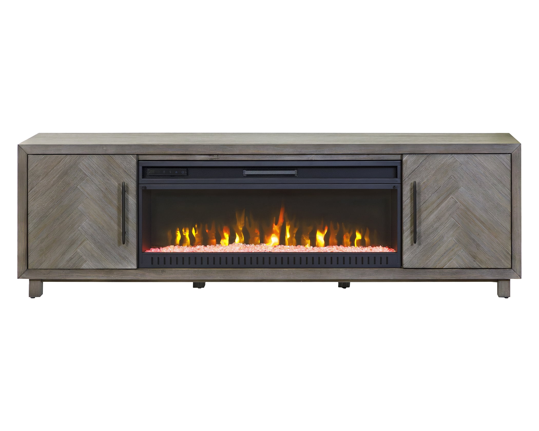 Gray 80" Transitional Fireplace Console with Herringbone Doors