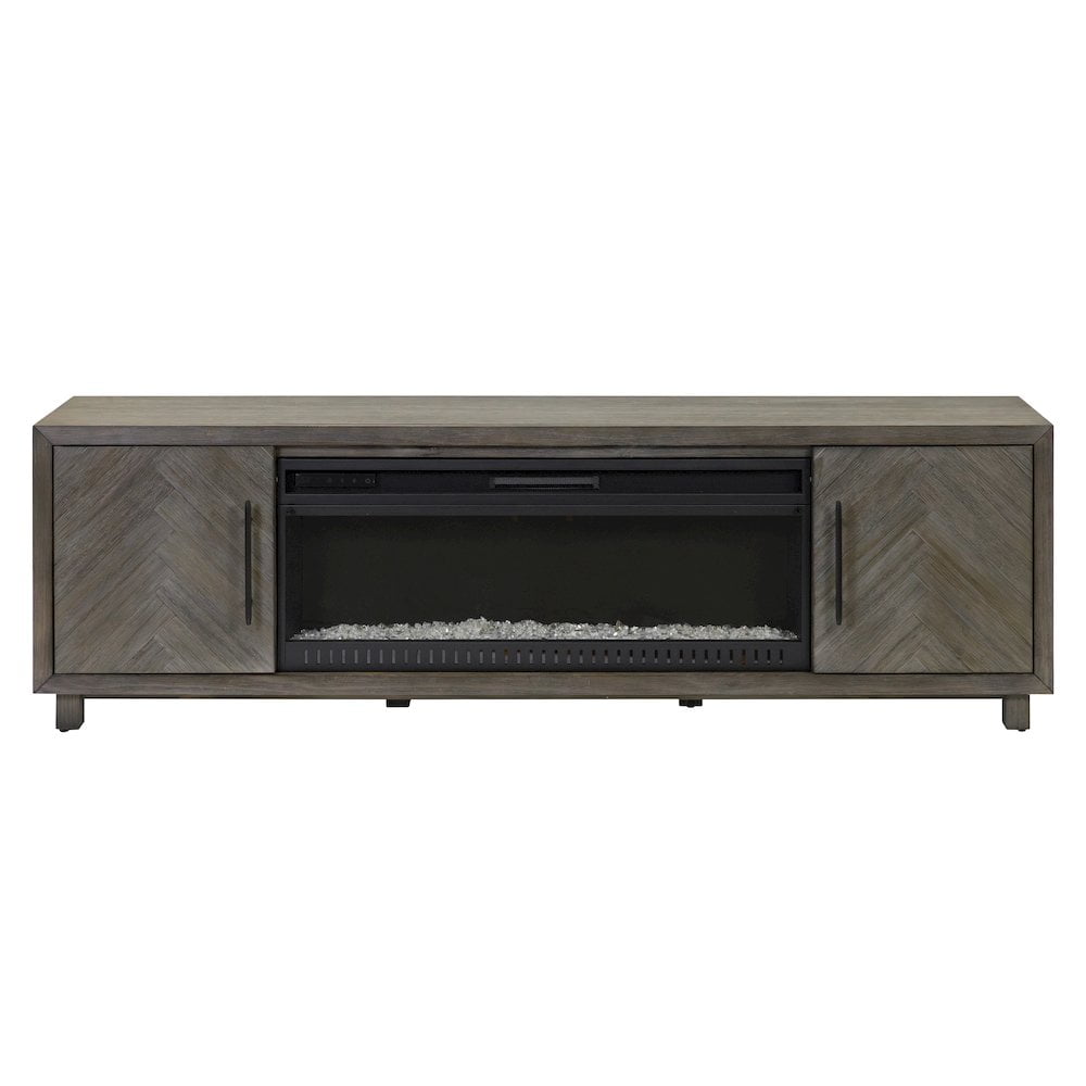 Gray 80" Transitional Fireplace Console with Herringbone Doors