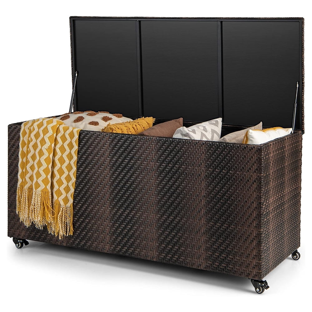 96 Gallon Outdoor Rattan Deck Box, Wicker Patio Storage Box with 4 ...