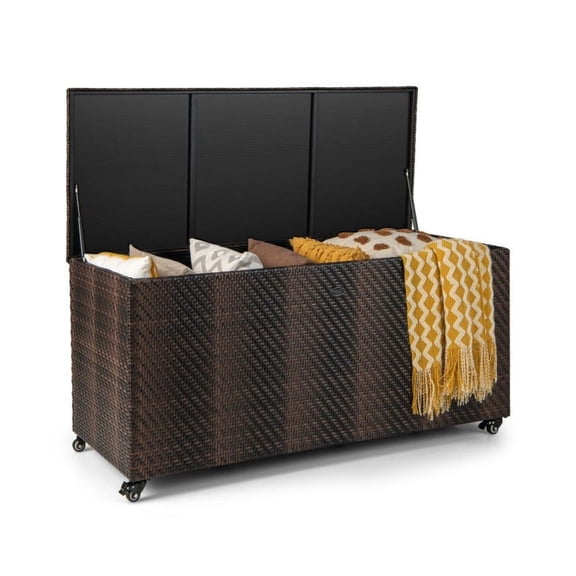 96 Gallon Outdoor Storage Box, PE Wicker Deck Box with Wheels