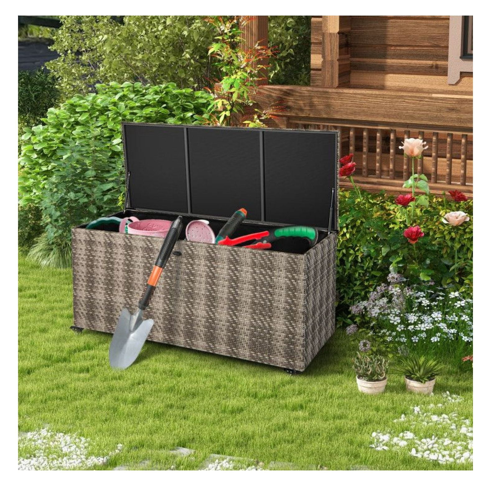 96 Gallon Outdoor Storage Box with Wheels, PE Wicker Deck Box ...