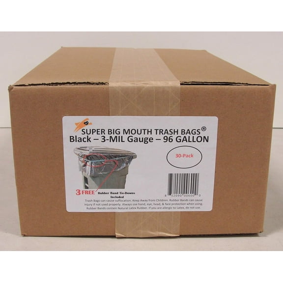 96 Gallon Super Big Mouth Trash Bags 30-Pack Plus 3 Free Rubber Tie Down Bands
