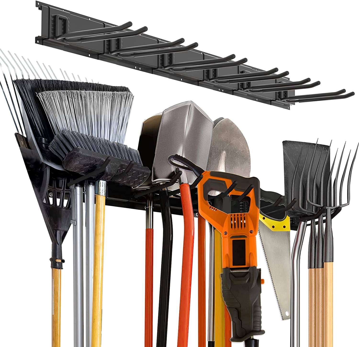 96-Inch Garage Storage Wall Organizer – 12 Adjustable Hooks, Heavy-Duty Powder-Coated Iron, Holds 330 Lbs, For Brooms, Hoses, Yard Tools & More