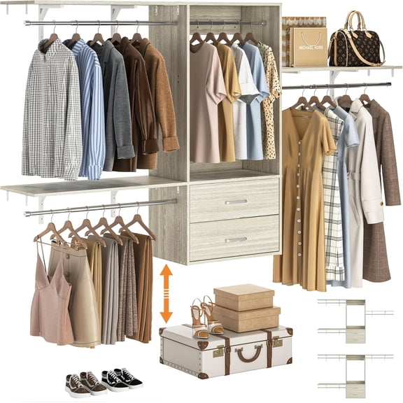 96 Hanging Closet System with 2 Wooden Drawers, 75"–87" Height Adjustable Closet Organizer System with Tower, 4-8FT Custom Closet Shelving System, Wall-Mounted Walk-In Closets Wardrobe, White Oak
