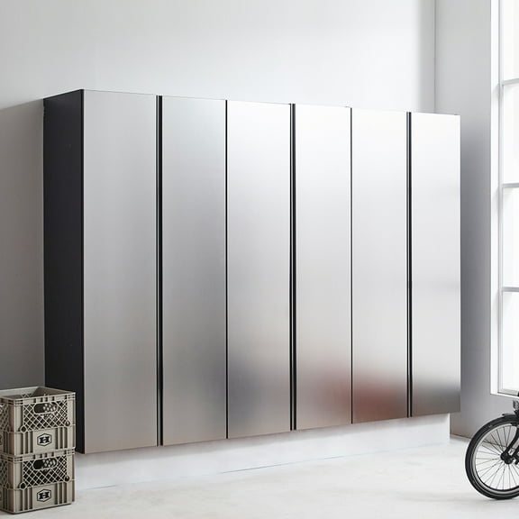 96 In. Wide X 72 High 20 Deep Garage Cabinet. Metallic Grey. Soft Closing Feature For Quiet Operation. Wall Mounted To Save Floor Space. Extra Storage Compartments. Water And Heat. Scratch Stain