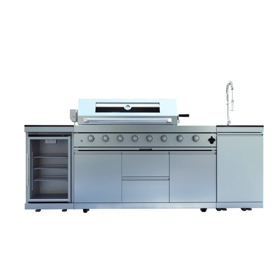 96-Inch 6-Burner 85000 BTU Deluxe Stainless Steel Gas Outdoor Kitchen Bar Barbecue Island Grill + Wine Cooler Compact Refrigerator + Rotisserie + Granite Countertops + Storage Cabinets & Drawers