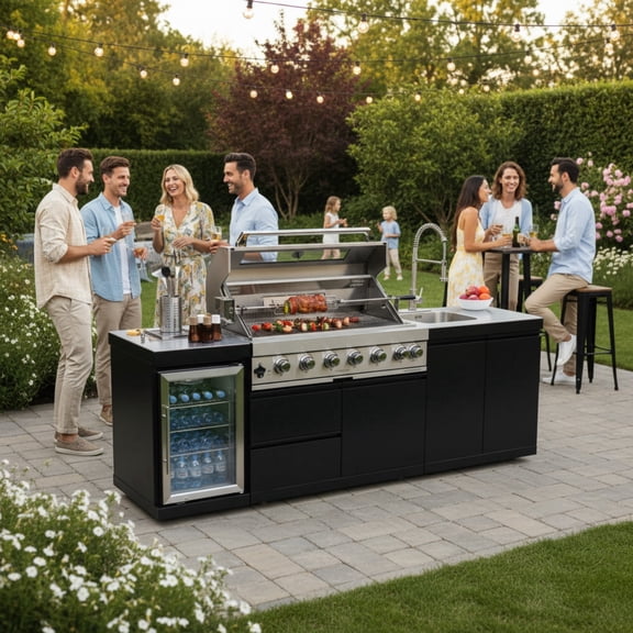 96-Inch 6-Burner Propane Gas Outdoor Kitchen Grill Island - 85000 BTU Stainless Steel BBQ, Refrigerator, Rotisserie, Stainless Countertops, Soft-Close Storage, For Patio, Lawn, Backyard, Black
