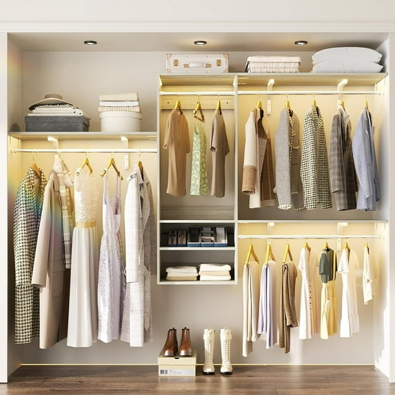 96 Inch Hanging Closet System, 8 FT Closet Organizer System with Hanging Rod, Walk In Mounted Closet System, Built-In Clothes Garment Rack with 3 Shelving Towers(Can Be Cut To Fit), Oak