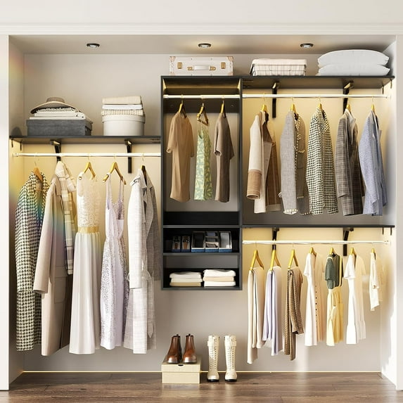 96 Inch Hanging Closet System, 8 FT Closet Organizer System with Hanging Rod, Walk In Mounted Closet System, Built-In Clothes Garment Rack with 3 Shelving Towers(Can Be Cut To Fit), Black