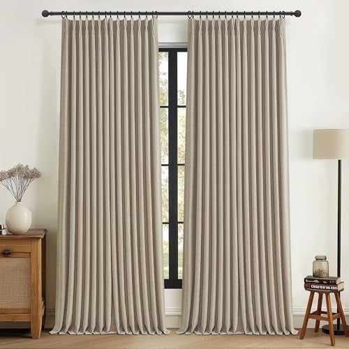 96-Inch Long Pinch Pleaded Linen Blackout Curtains Set of 2 Panels, Taupe Room Darkening Floor to Ceiling Drapes for Bedroom Living Room Windows, Sound Dampening Double Layer Thermal Insulated