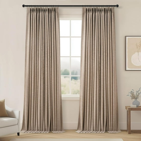 96 Inch Long Pinch Pleated Dark Linen Color Curtains,100% Blackout Thermal Insulated Natural Pinch Pleat Rustic Country Style Drapes with Hooks Rings 2 Panel Sets,Taupe Tan 8FT Window Curtain