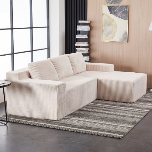 96 Inch Modular L Shaped Sectional Sofa, Corduroy Fabric Floor Couch Set, Foam-Filled Upholstered Furniture for Living Room, Bedroom, Beige