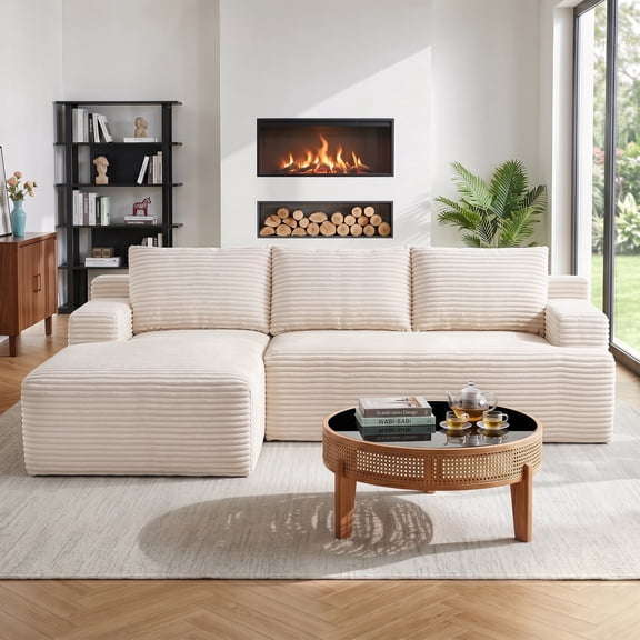 Vanress 96 Inch Modular Sectional Couches for Living Room, Modern Boneless Sofa, Upholstered Deep Seat Cloud Couch, Corduroy Comfy L-Shape Sofas Couches, No Assembly, White (Left Facing Chaise)