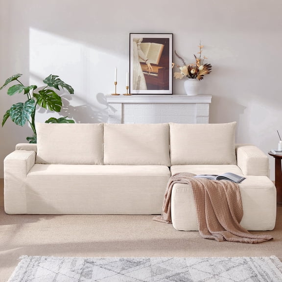 Vanress 96 Inch Modular Sectional Couches for Living Room, Modern Boneless Sofa, Upholstered Deep Seat Cloud Couch, Corduroy Comfy L-Shape Sofas Couches, No Assembly, White (Right Facing Chaise)