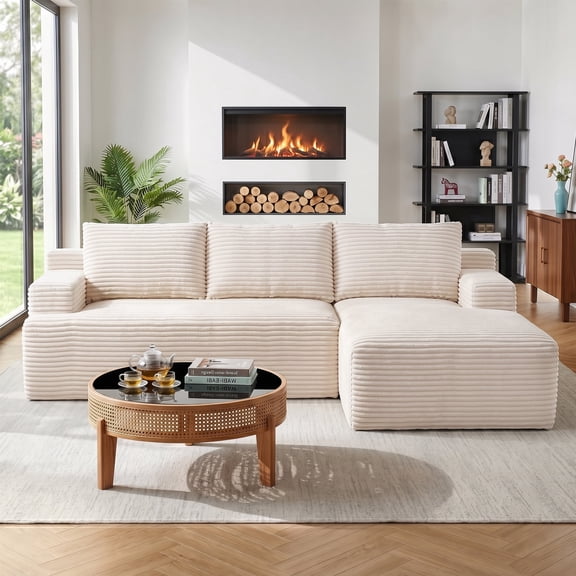 Vanress 96 Inch Modular Sectional Couches for Living Room, Modern Boneless Sofa, Upholstered Deep Seat Cloud Couch, Corduroy Comfy L-Shape Sofas Couches, No Assembly, White (Right Facing Chaise)