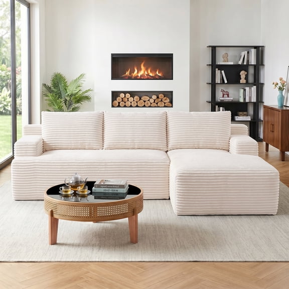 Vanress 96 Inch Modular Sectional Couches for Living Room, Modern Boneless Sofa, Upholstered Deep Seat Cloud Couch, Corduroy Comfy L-Shape Sofas Couches, No Assembly, White (Right Facing Chaise)