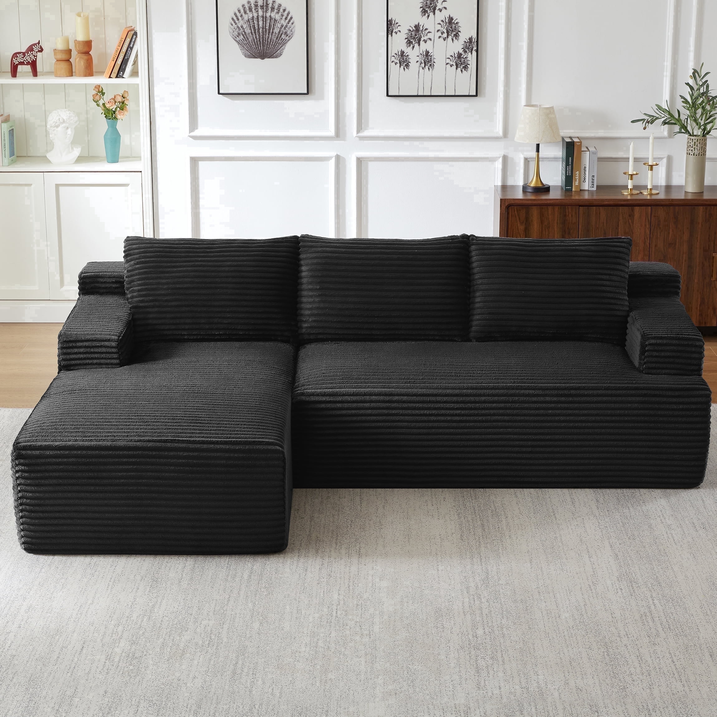 Vanress 96 Inch Modular Sectional Couches for Living Room, Modern Boneless Sofa, Upholstered Deep Seat Cloud Couch, Corduroy Comfy L-Shape Sofas Couches, No Assembly, Black (Left Facing Chaise)