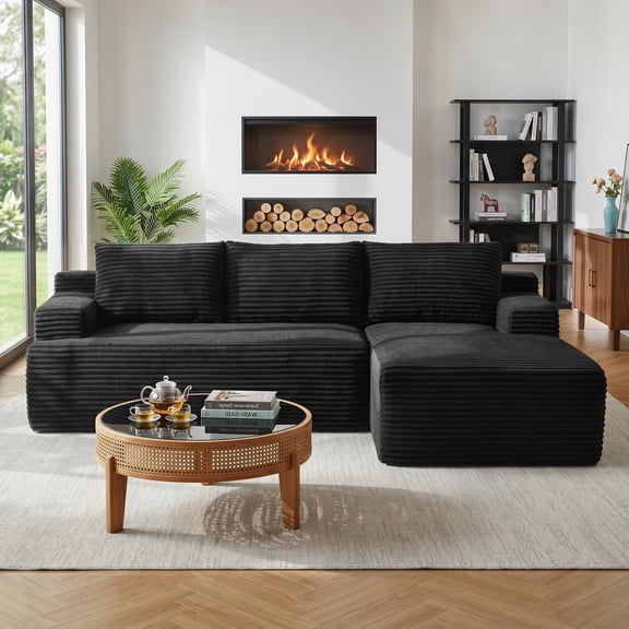 Vanress 96 Inch Modular Sectional Couches for Living Room, Modern Boneless Sofa, Upholstered Deep Seat Cloud Couch, Corduroy Comfy L-Shape Sofas Couches, No Assembly, Black (Right Facing Chaise)