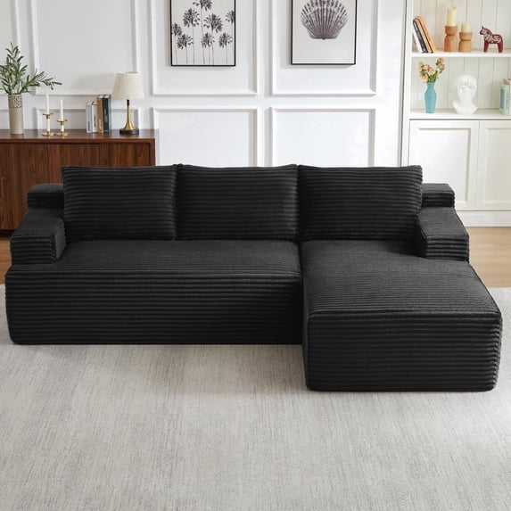 96 Inch Modular Sectional Couches for Living Room, Modern Boneless Sofa, Upholstered Deep Seat Cloud Couch, Corduroy Comfy L-Shape Sofas Couches, No Assembly Required, Black (Right Facing Chaise)