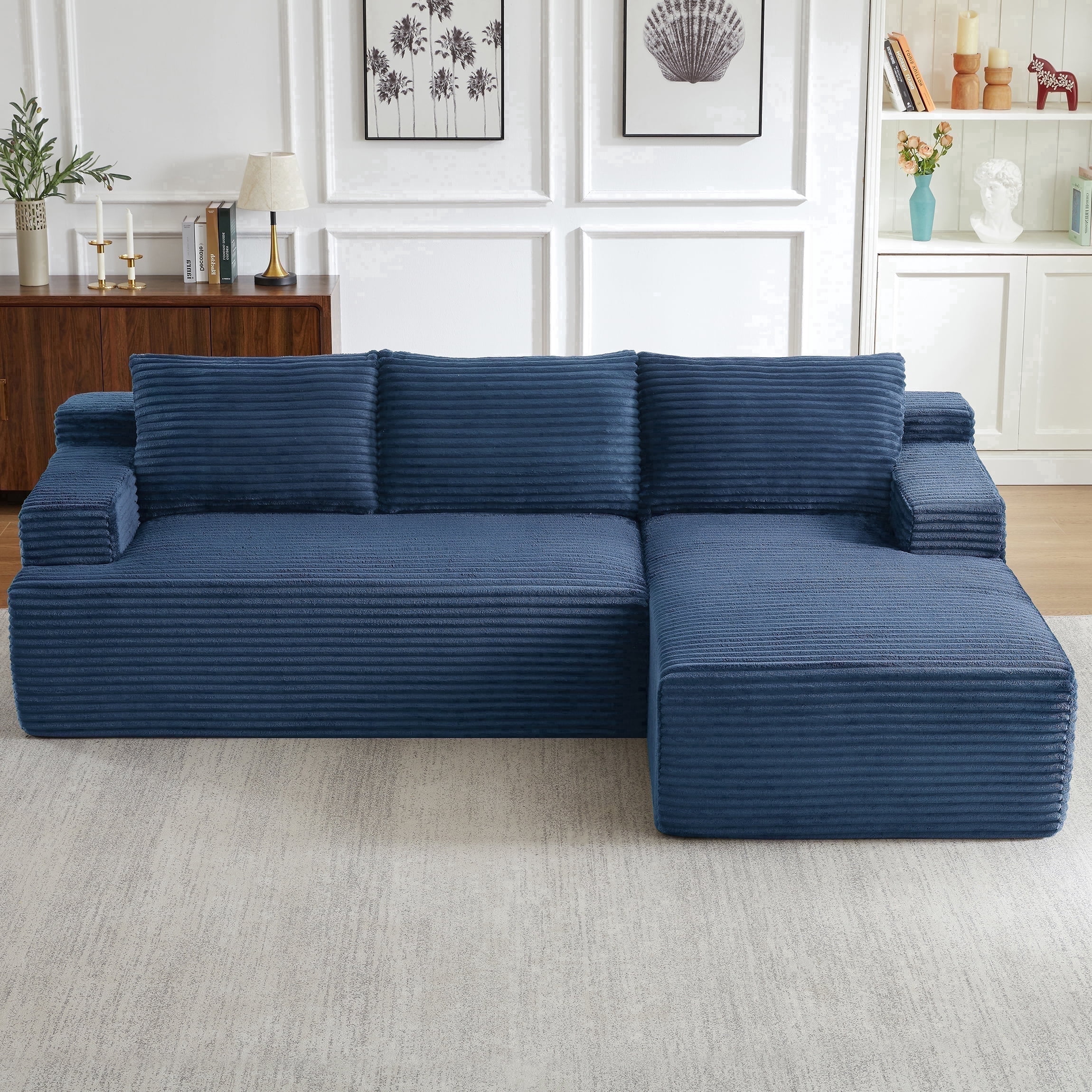 Vanress 96 Inch Modular Sectional Couches for Living Room, Modern Boneless Sofa, Upholstered Deep Seat Cloud Couch, Corduroy Comfy L-Shape Sofas Couches, No Assembly, Blue (Right Facing Chaise)