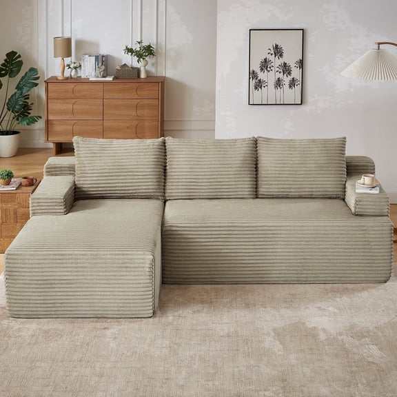 Vanress 96 Inch Modular Sectional Couches for Living Room, Modern Boneless Sofa, Upholstered Deep Seat Cloud Couch, Corduroy Comfy L-Shape Sofas Couches, No Assembly, Camel (Left Facing Chaise)