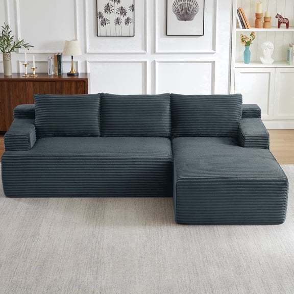 Vanress 96 Inch Modular Sectional Couches for Living Room, Modern Boneless Sofa, Upholstered Deep Seat Cloud Couch, Corduroy Comfy L-Shape Sofas Couches, No Assembly, Dark Grey (Right Facing Chaise)