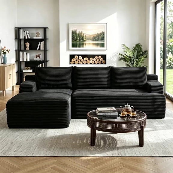 96‑Inch Standard 3‑Seat Modular L‑Shaped Sectional Sofa for Living Room, Modern Frame‑Less Cloud Couch, Corduroy Upholstered Deep‑Seat Plush Sofa, No‑Assembly Required, Black, Left Chaise