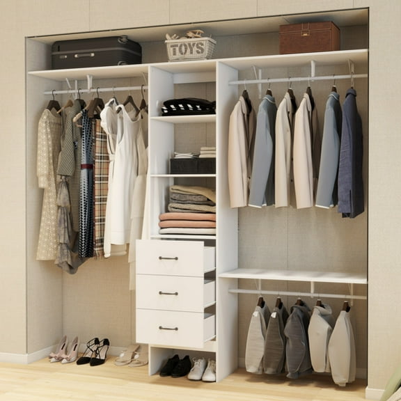 96 Inches Closet System, 8FT Walk In Closet Organizer with 3 Adjustable Shelves & 3 Expandable Hanger Rods & 3 Drawers, Built-In Garment Rack, 96"L x 16"W x 82"H, Load 1000 LBS-White
