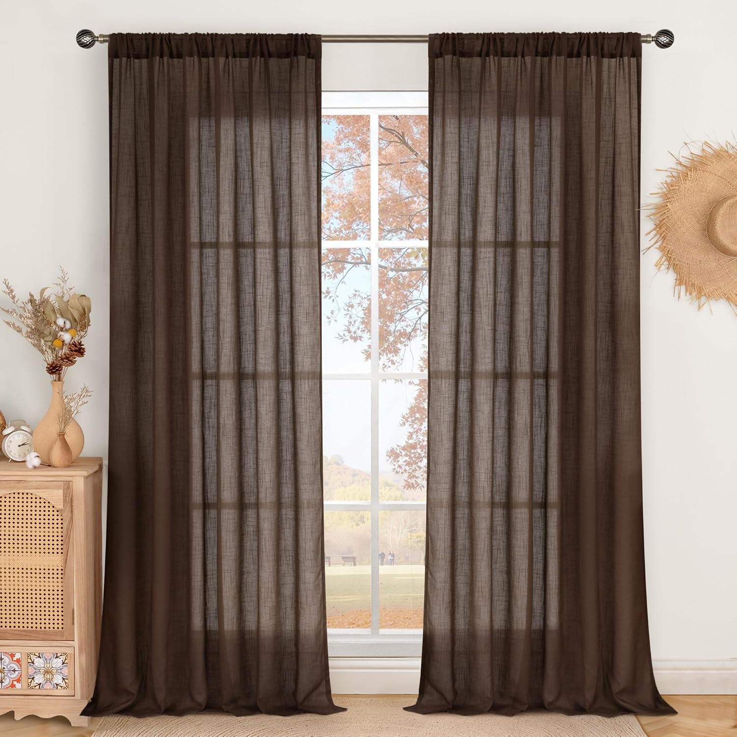 96 Inches Long Linen Curtains for Living Room, Brown Semi Sheer Window Drapes Rustic Textured for Farmhouse Beroom Dining Room Decor Rod Pocket Lightweight, 2 Panels Set, Each 52 Inch Wide