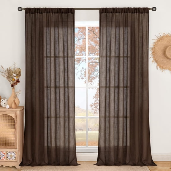 96 Inches Long Linen Curtains for Living Room, Brown Semi Sheer Window Drapes Rustic Textured for Farmhouse Beroom Dining Room Decor Rod Pocket Lightweight, 2 Panels Set, Each 52 Inch Wide