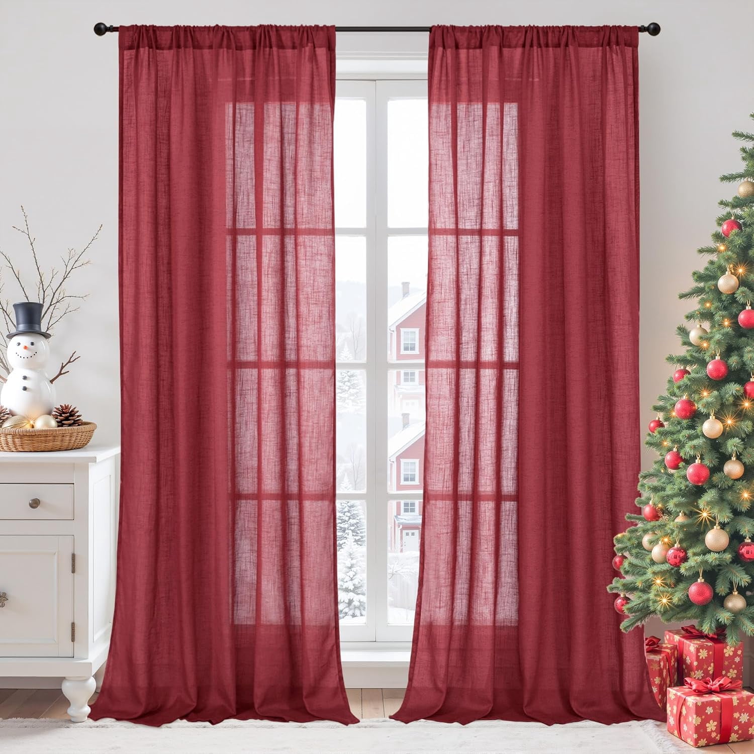 96 Inches Long Linen Curtains for Living Room, Semi Sheer Burgundy Window Drapes Textured for Bedroom Dining Light Filtering with Rod Pocket Lightweight, 2 Panels, Each 52 Inch Wide