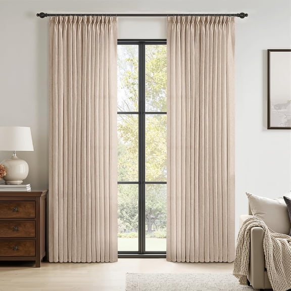 96 Inches Long Pinch Pleated Linen Curtains 2 Panels Set for Bedroom Living Room, Viral Pleat Semi Sheer Drapes Light Filtering Textured Sheer Curtain with Hooks Floor to Ceiling,Natural Beige