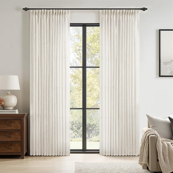 96 Inches Long Pinch Pleated Natural Linen Curtains 2 Panels Set for Bedroom Living Room, Viral Pleat Semi Sheer Drapes Light Filtering Textured Sheer Curtains with Hooks Floor to Ceiling