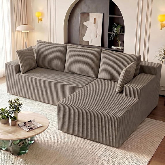 96" L-Shape Modular Cloud Couch, 3-Seater Deep Seat Corduroy Sectional Sofa, Camel